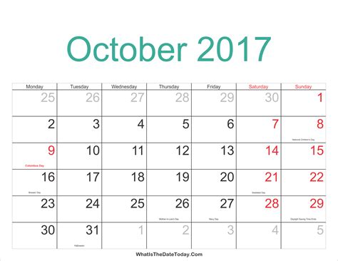 Oct 2017 Calendar